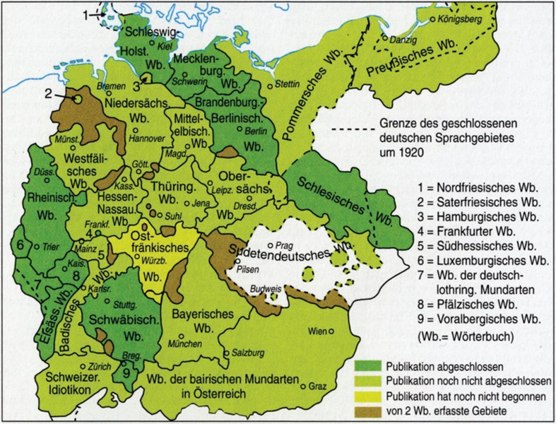 „Bearbeitungsgebiete der großlandschaftlichen Wörterbücher der deutschen Dialekte“ von Werner König et al. In: dtv-Atlas Deutsche Sprache (S. 138)